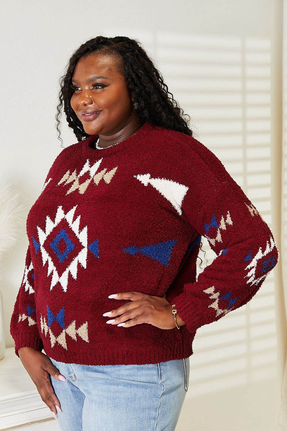 HEYSON Full Size Aztec Soft Fuzzy Sweater - ELY VESSA LLC
