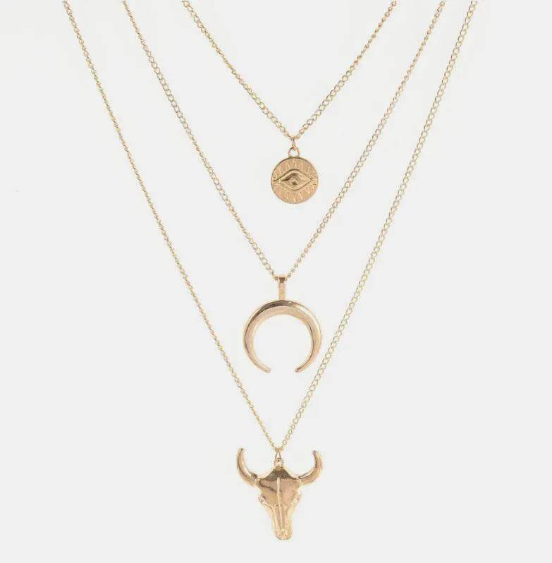 Alloy Three-Layered Bull Head Pendant Necklace - ELY VESSA LLC