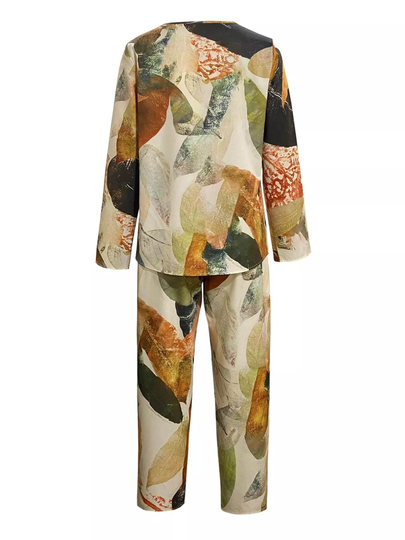 Printed Round Neck Long Sleeve Top and Pants Set - ELY VESSA LLC