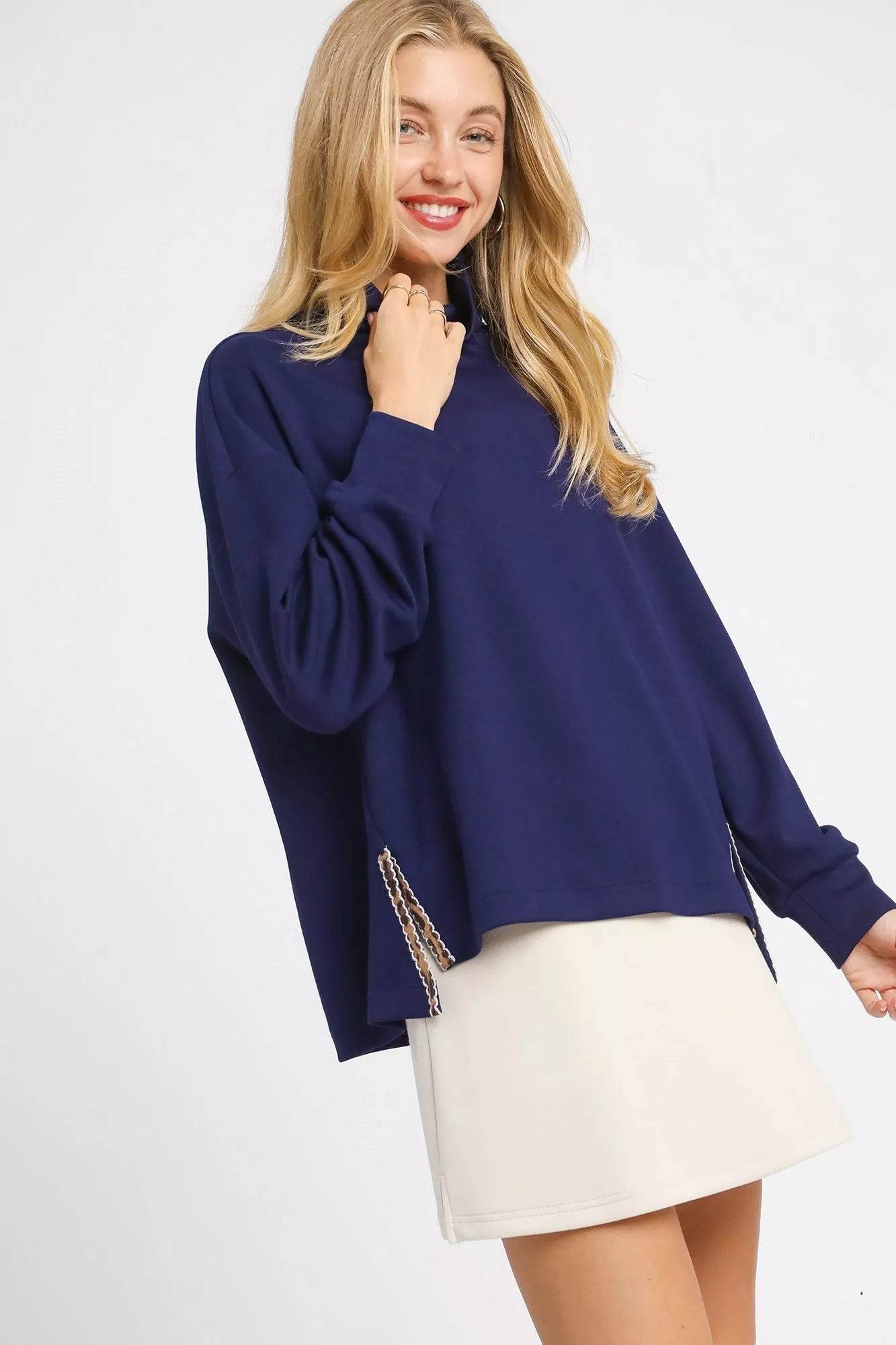 Umgee Turtle Neck Dolman Sleeve Side Slit Sweater with Contrast Detail - ELY VESSA LLC