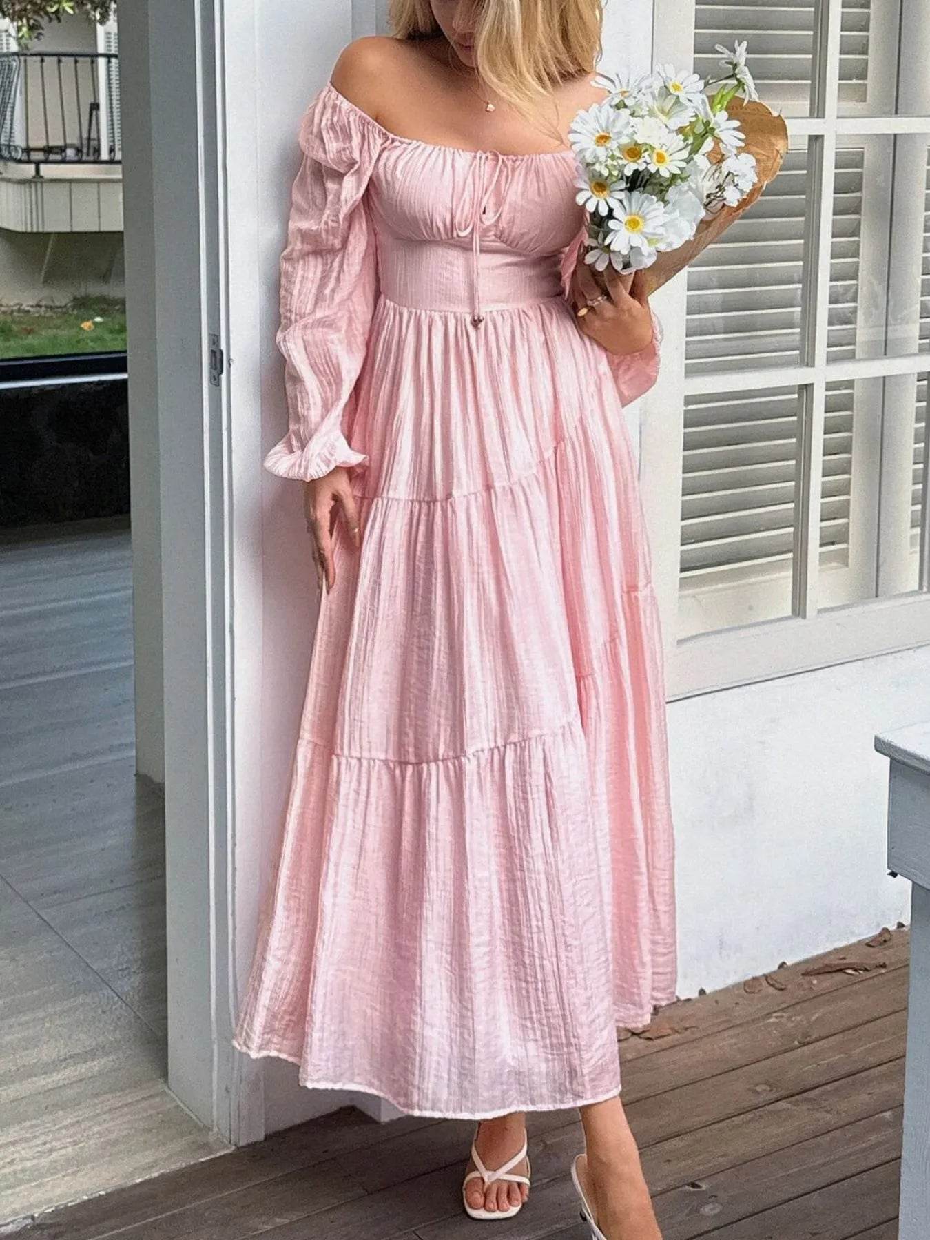 Tiered Balloon Sleeve Midi Dress - ELY VESSA LLC