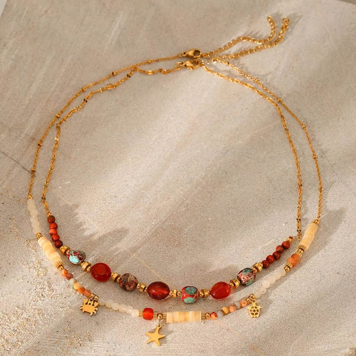 2 Piece 18K Gold-Plated Natural Stone Bead Necklace - ELY VESSA LLC