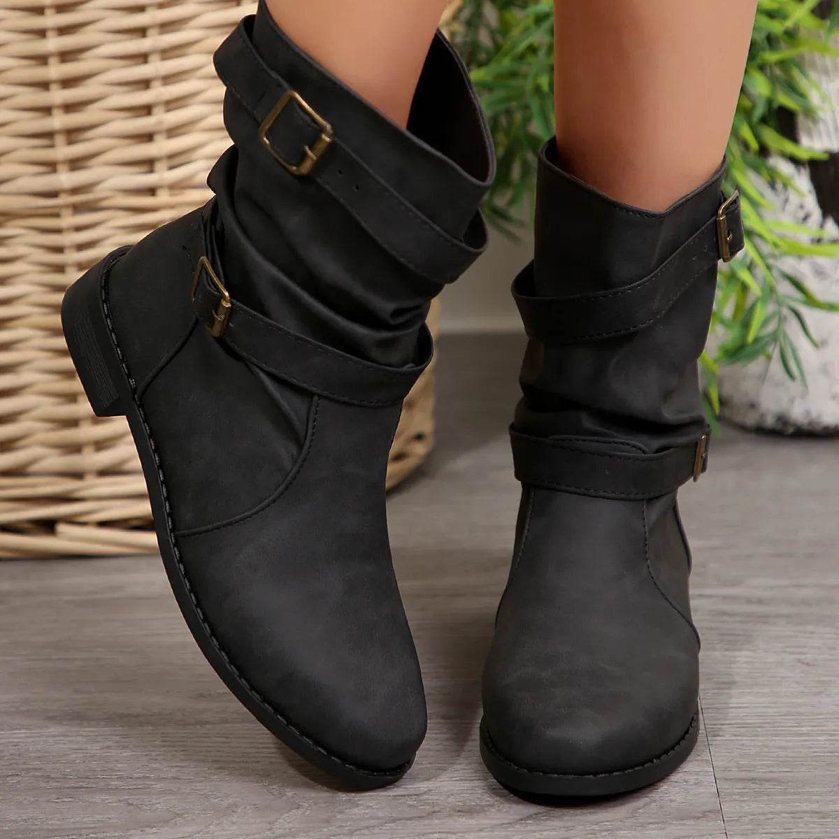 Mid-Calf Buckle Strap Boots - ELY VESSA LLC