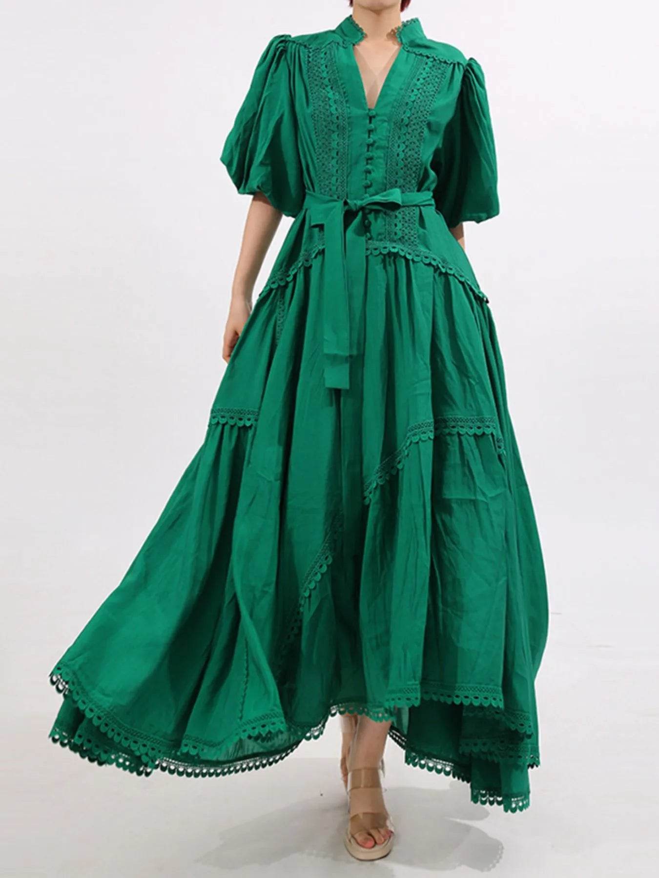 Lace Detail Notched Puff Sleeve Maxi Dress - ELY VESSA LLC