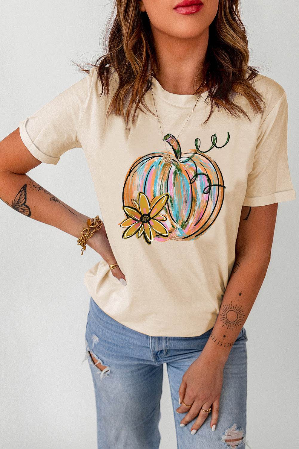 Pumpkin Graphic Round Neck T-Shirt - ELY VESSA LLC