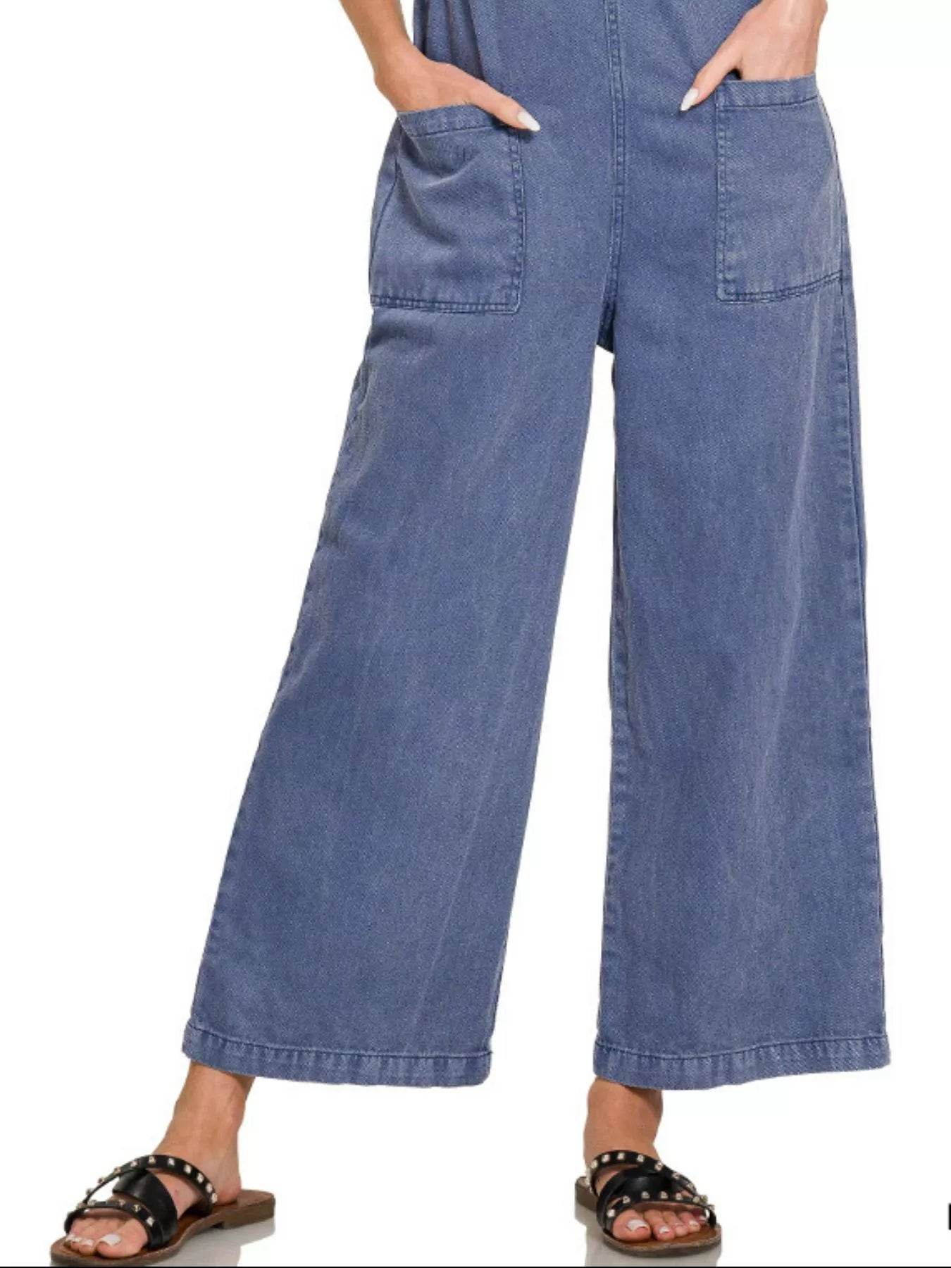 Zenana Washed Knot Strap Pockets Jumpsuit - ELY VESSA LLC