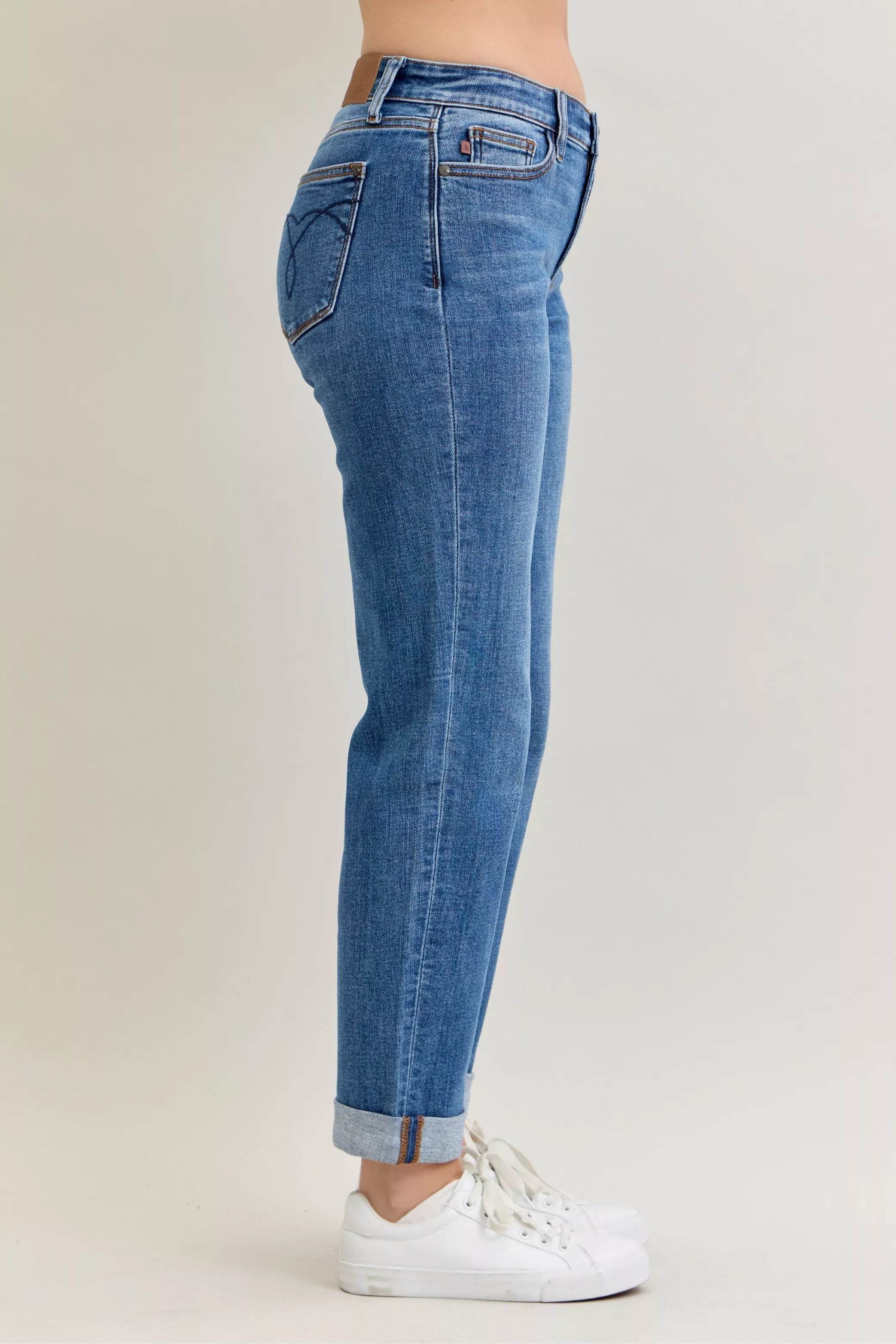 Judy Blue Full Size Mid Rise BF Classic Cuffed Jeans Plus Size - ELY VESSA LLC