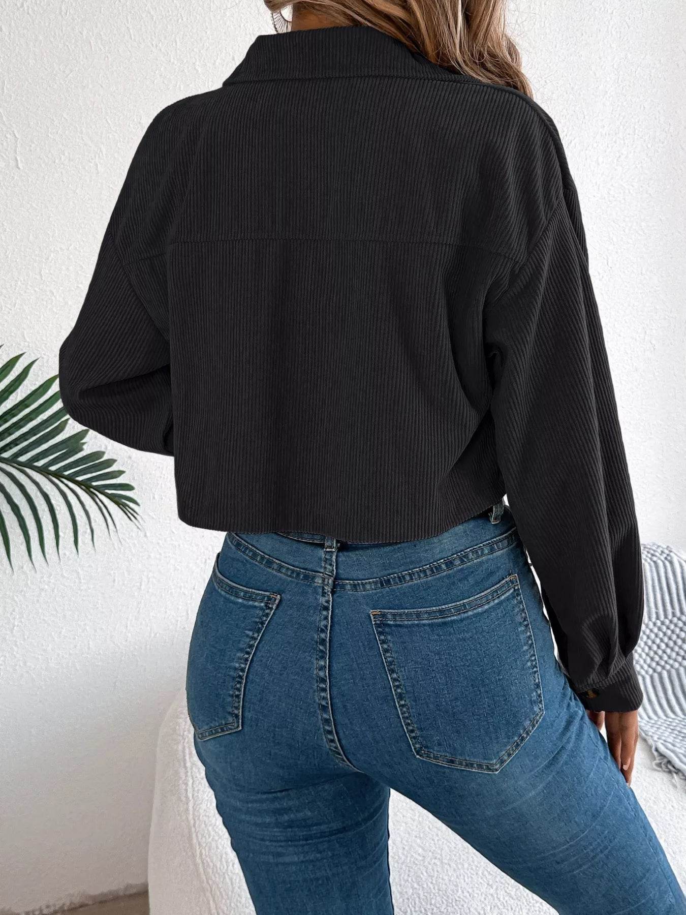 Corduroy Button-Up Dropped Shoulder Jacket - ELY VESSA LLC