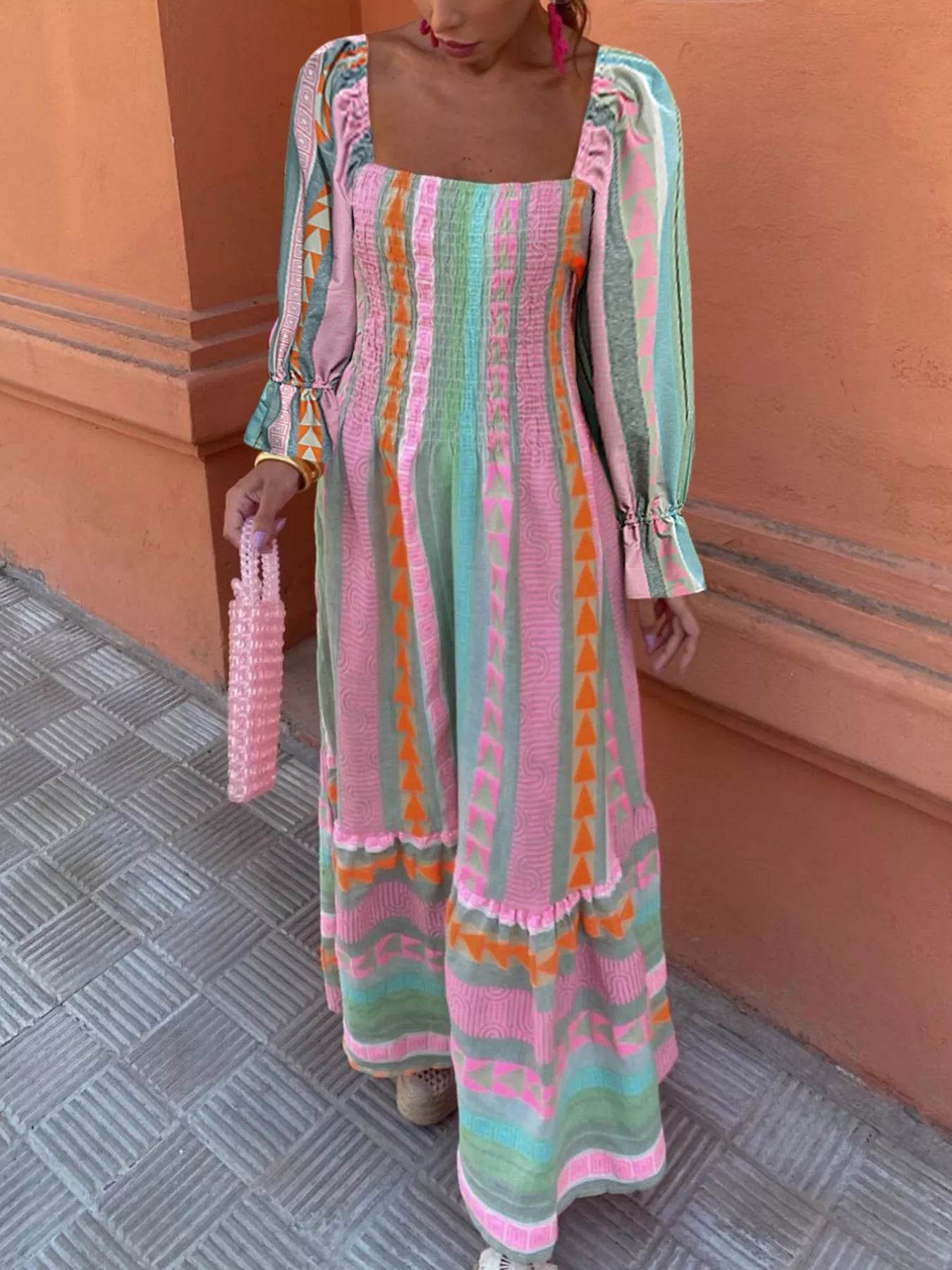 Smocked Square Neck Flounce Sleeve Maxi Dress - ELY VESSA LLC