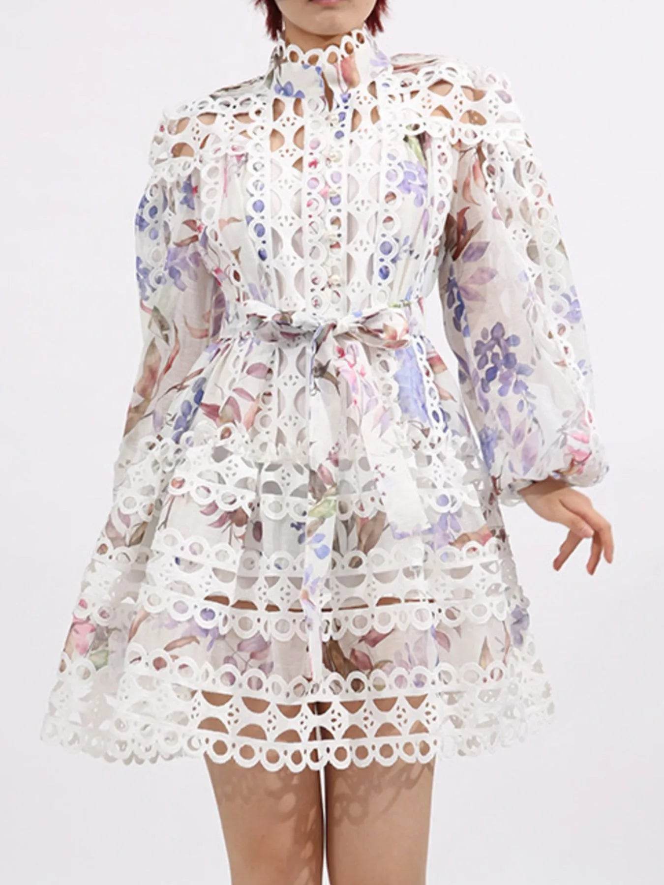 Lace Eyelet Mini Dress with Balloon Sleeves - ELY VESSA LLC