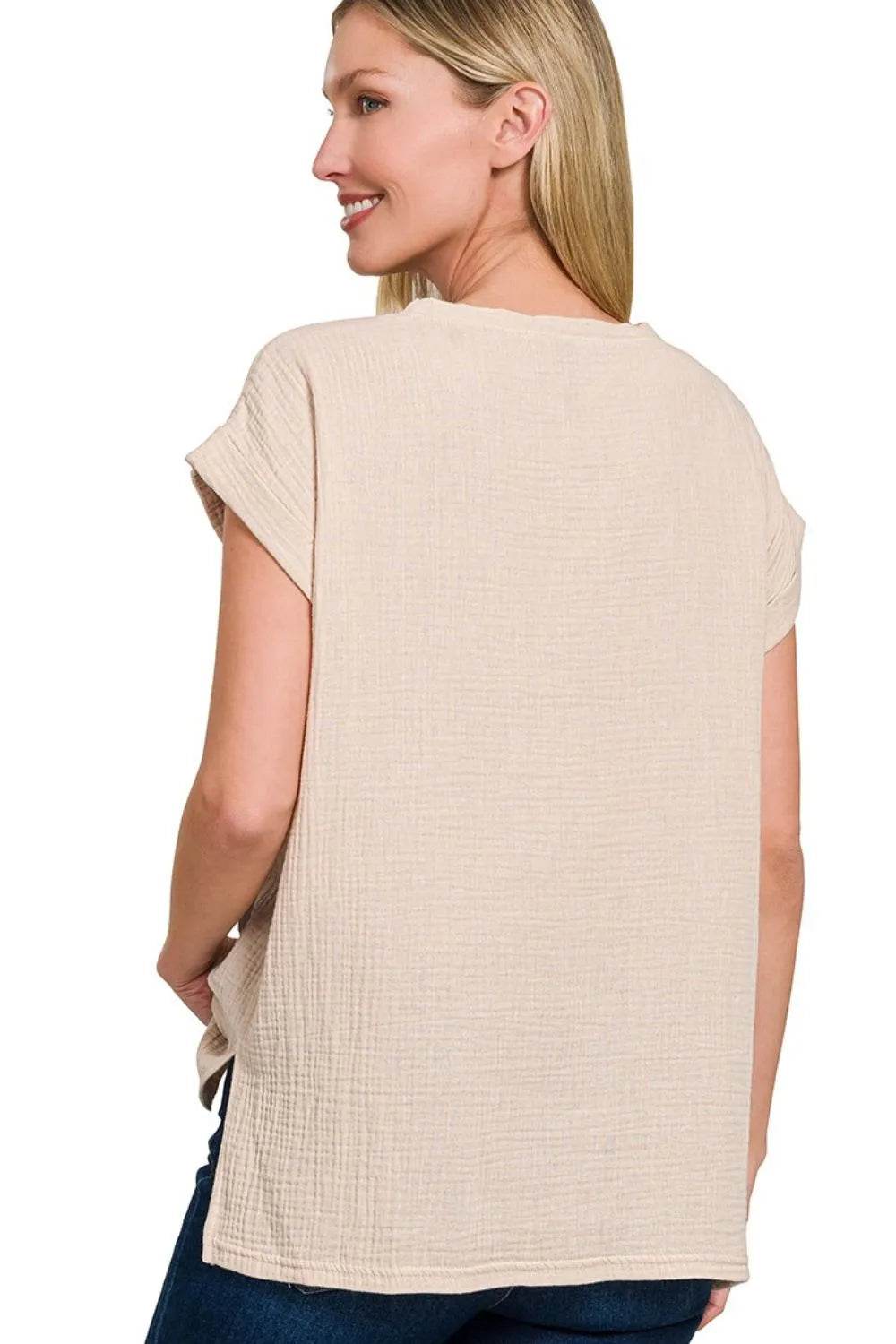 Zenana Double Gauze Round Neck Folded Short Sleeve Top - ELY VESSA LLC