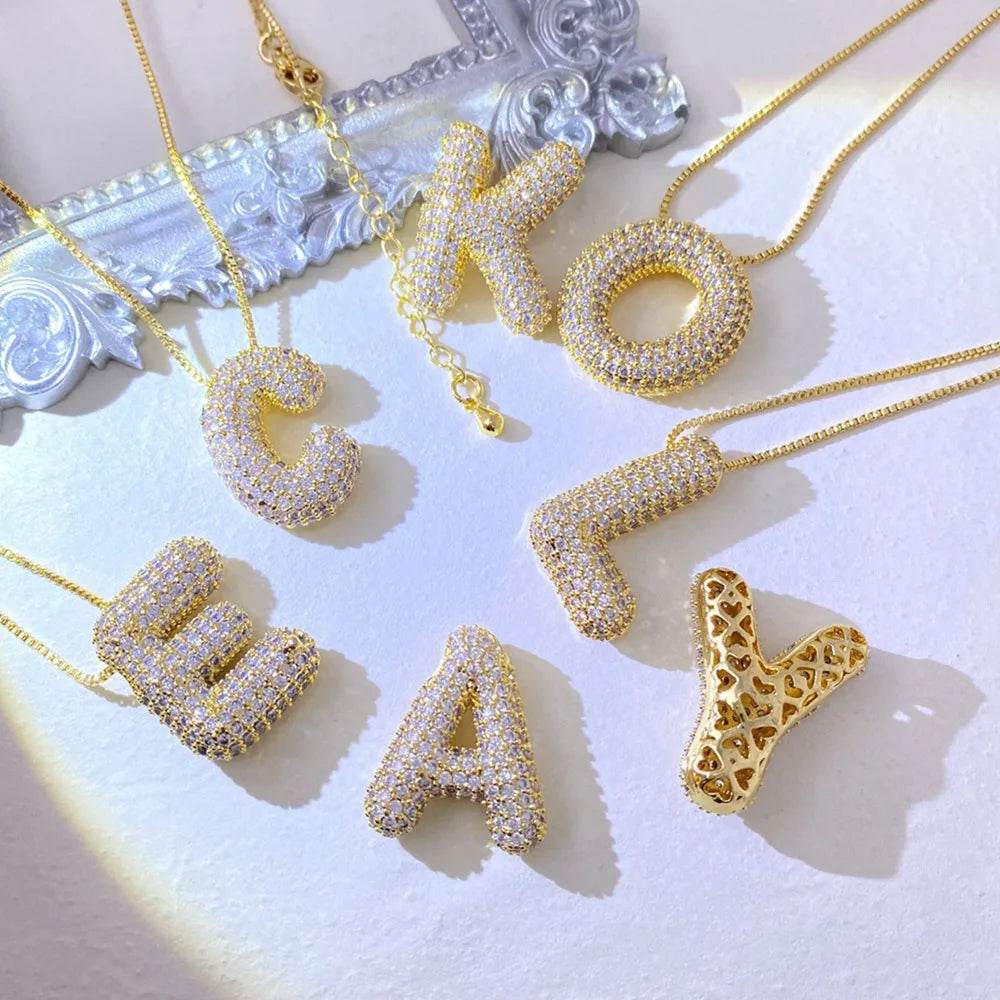 Inlaid Zircon Bubble Initial Necklace - ELY VESSA LLC