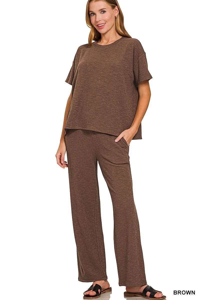 Zenana Slub Short Sleeve T-Shirt and Pants Set - ELY VESSA LLC