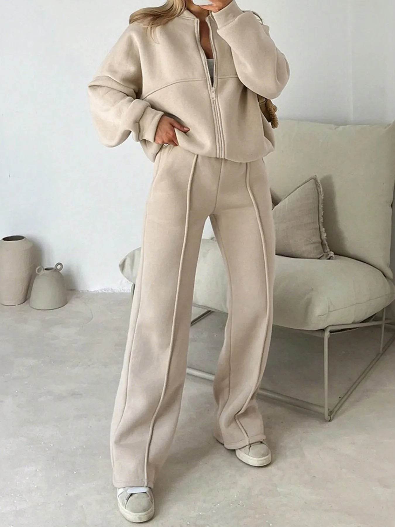 Zipper Up Jacket and Drawstring Pants Set - ELY VESSA LLC