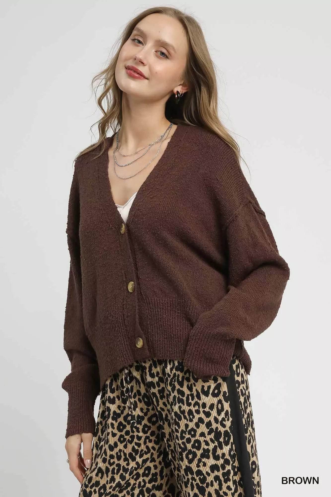 Umgee Button-Front V-Neck Knit Cardigan - ELY VESSA LLC