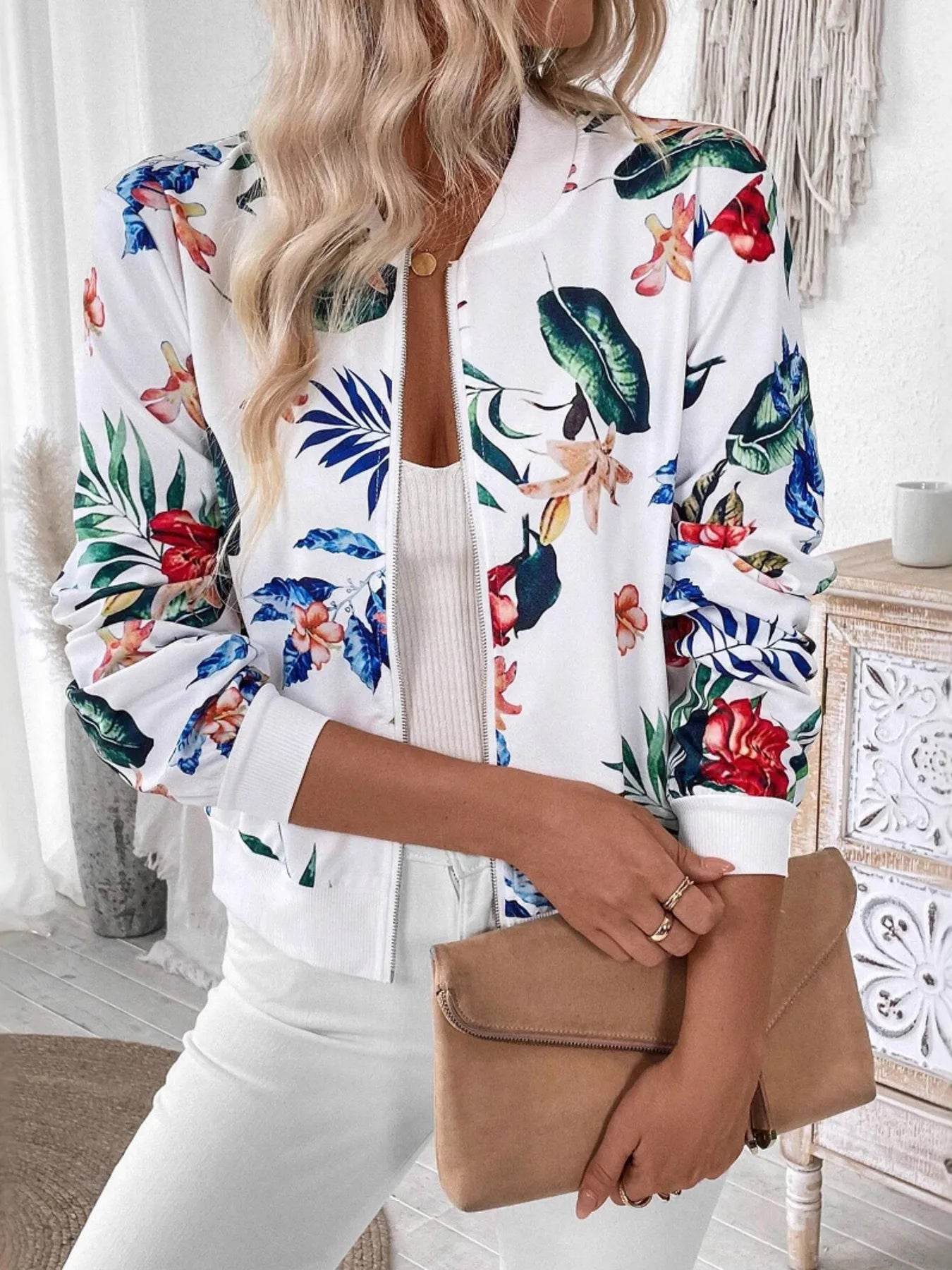 Printed Zip Up Long Sleeve Jacket - ELY VESSA LLC
