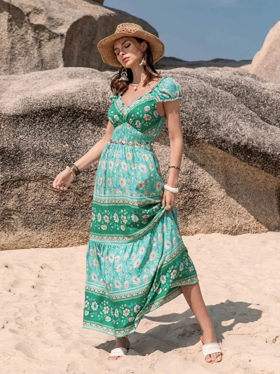 Smocked Printed V-Neck Dress - ELY VESSA LLC
