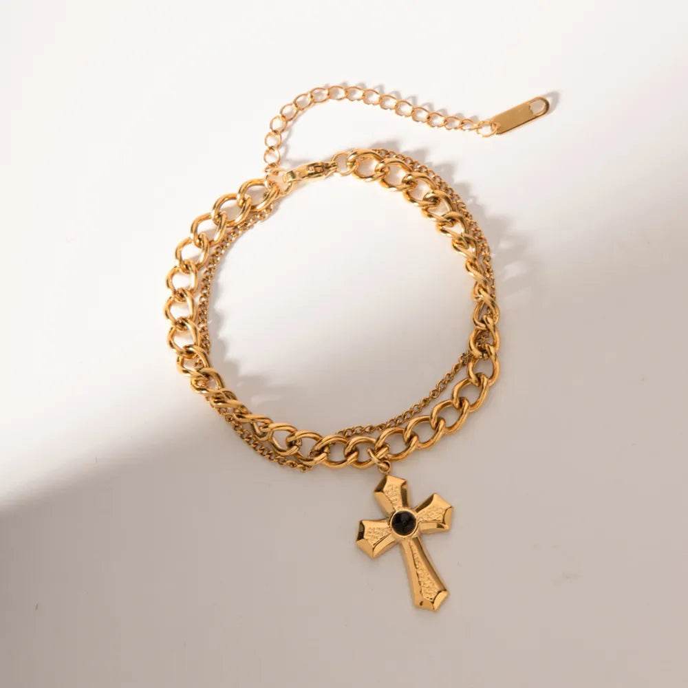Stainless Steel Imitation Gemstone Cross Shape Pendant Bracelet - ELY VESSA LLC