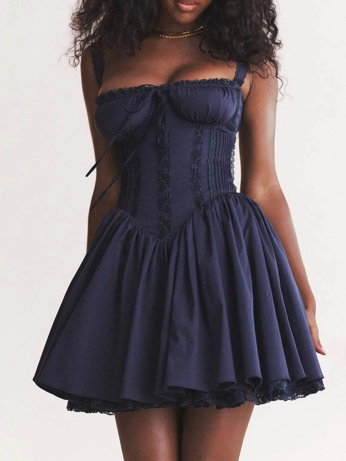 Lace Detail Lace Up Back Mini Dress - ELY VESSA LLC