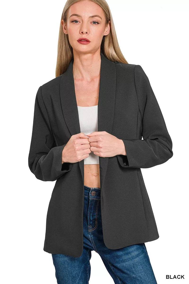 Zenana Woven Long Sleeve Blazer With Lining - ELY VESSA LLC