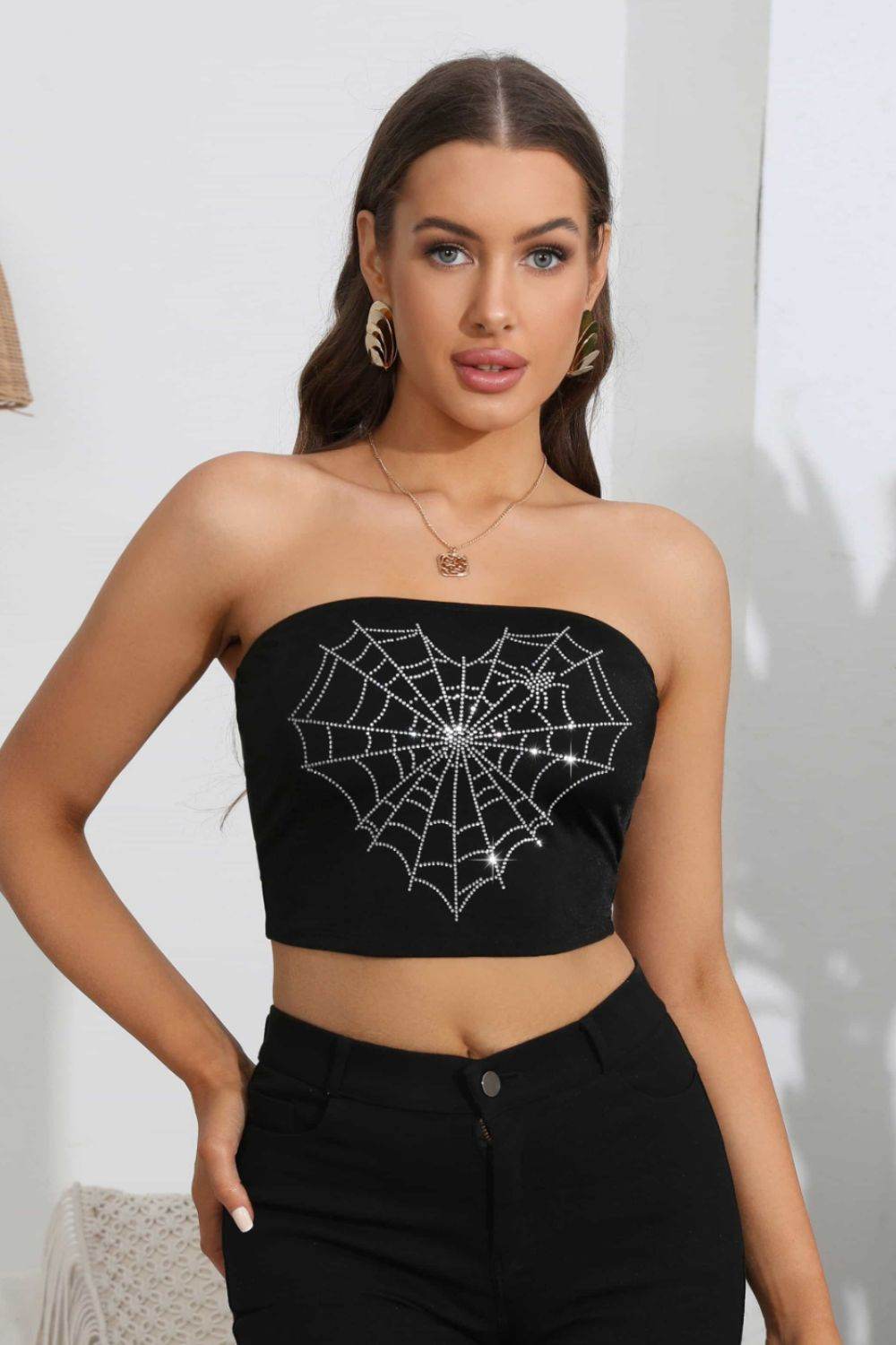 Heart Spider Web Graphic Tube Top - ELY VESSA LLC
