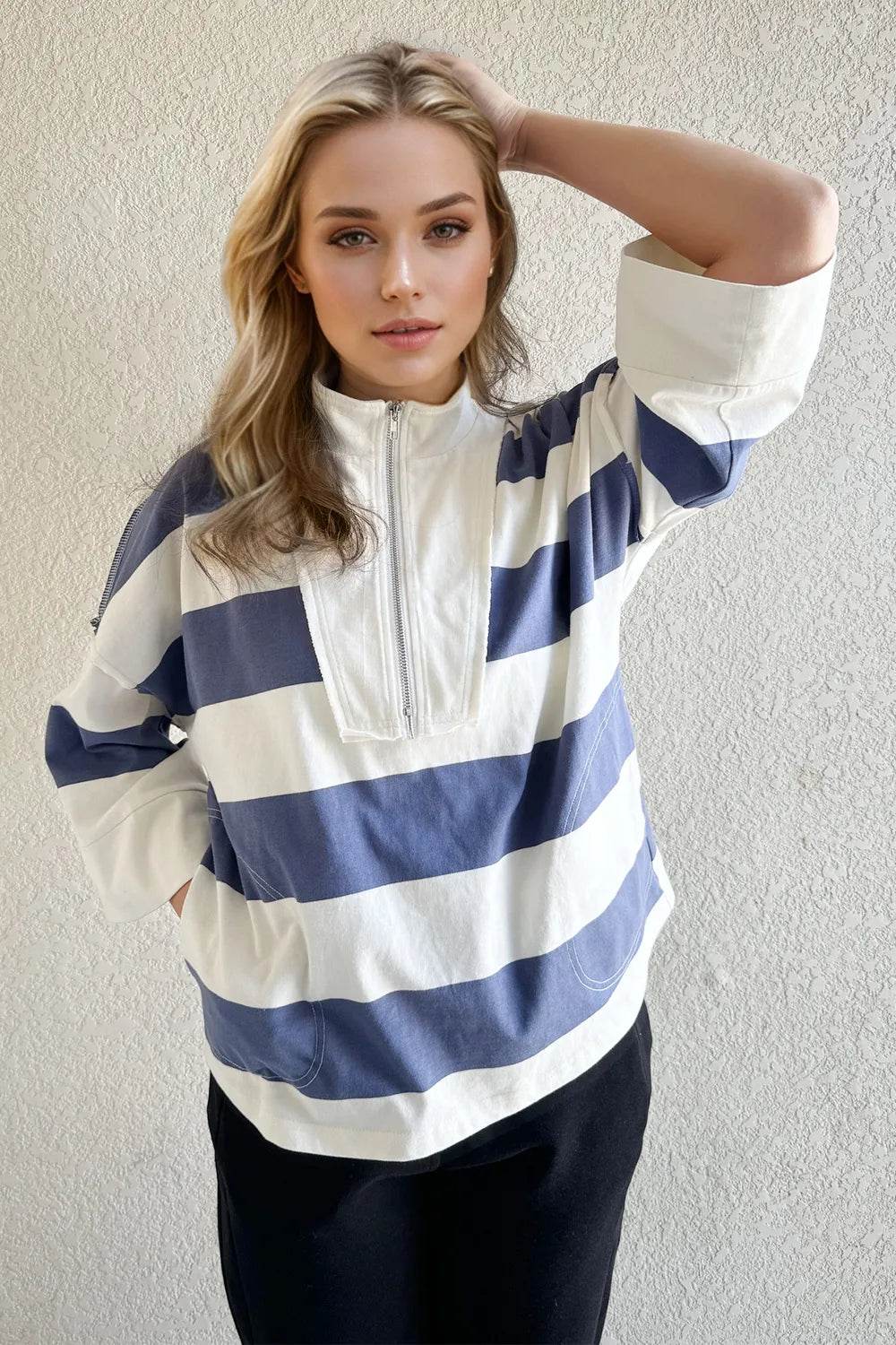 Oh Pima Cotton Wash Striped Half Zip Mock Neck Long Sleeve Top - ELY VESSA LLC
