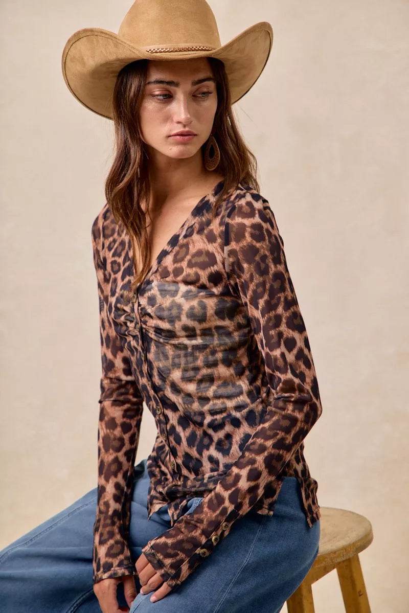 BiBi Leopard Printed Mesh Shirt With Button Up V Neck - ELY VESSA LLC