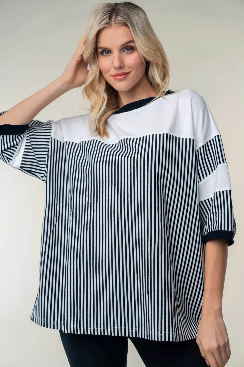 White Birch Full Size Striped Contrast Round Neck Top - ELY VESSA LLC