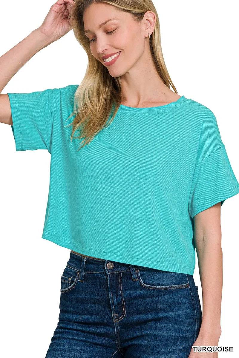 Zenana Ribbed Round-Neck Crop T-Shirt - ELY VESSA LLC