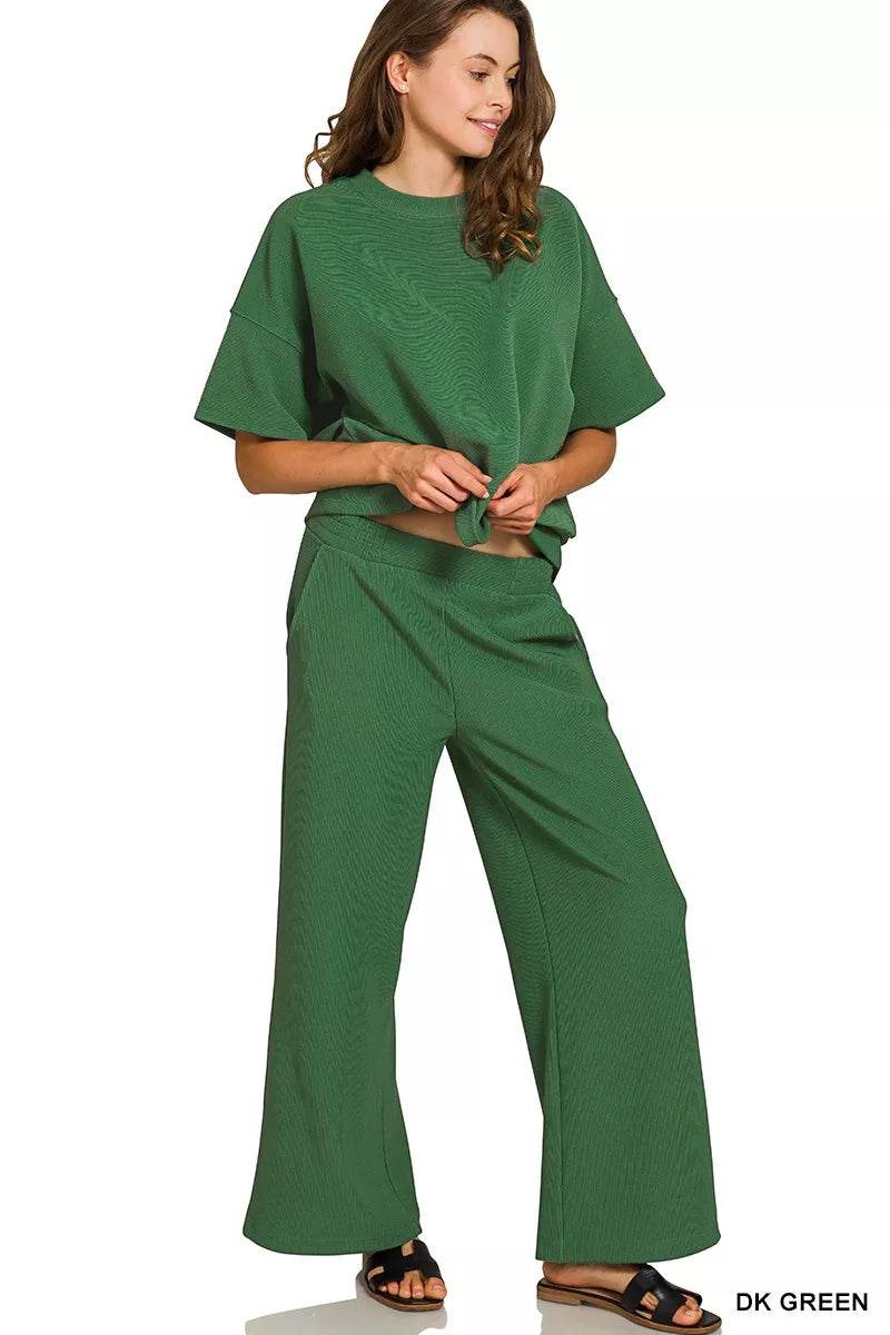 Zenana Ribbed Round Neck Tee & Pants Set - ELY VESSA LLC
