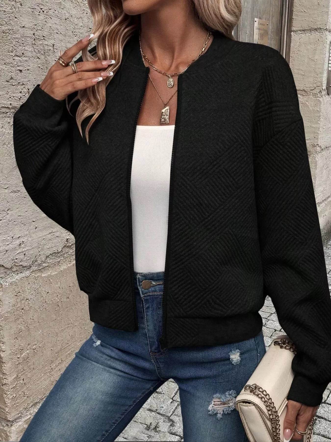 Zip-Up Textured Long Sleeve Jacket - ELY VESSA LLC