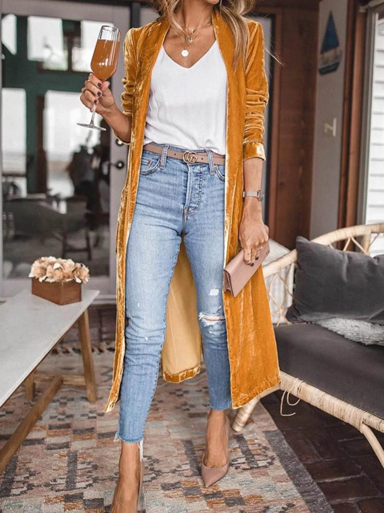 Open Front Long Sleeve Longline Cardigan - ELY VESSA LLC