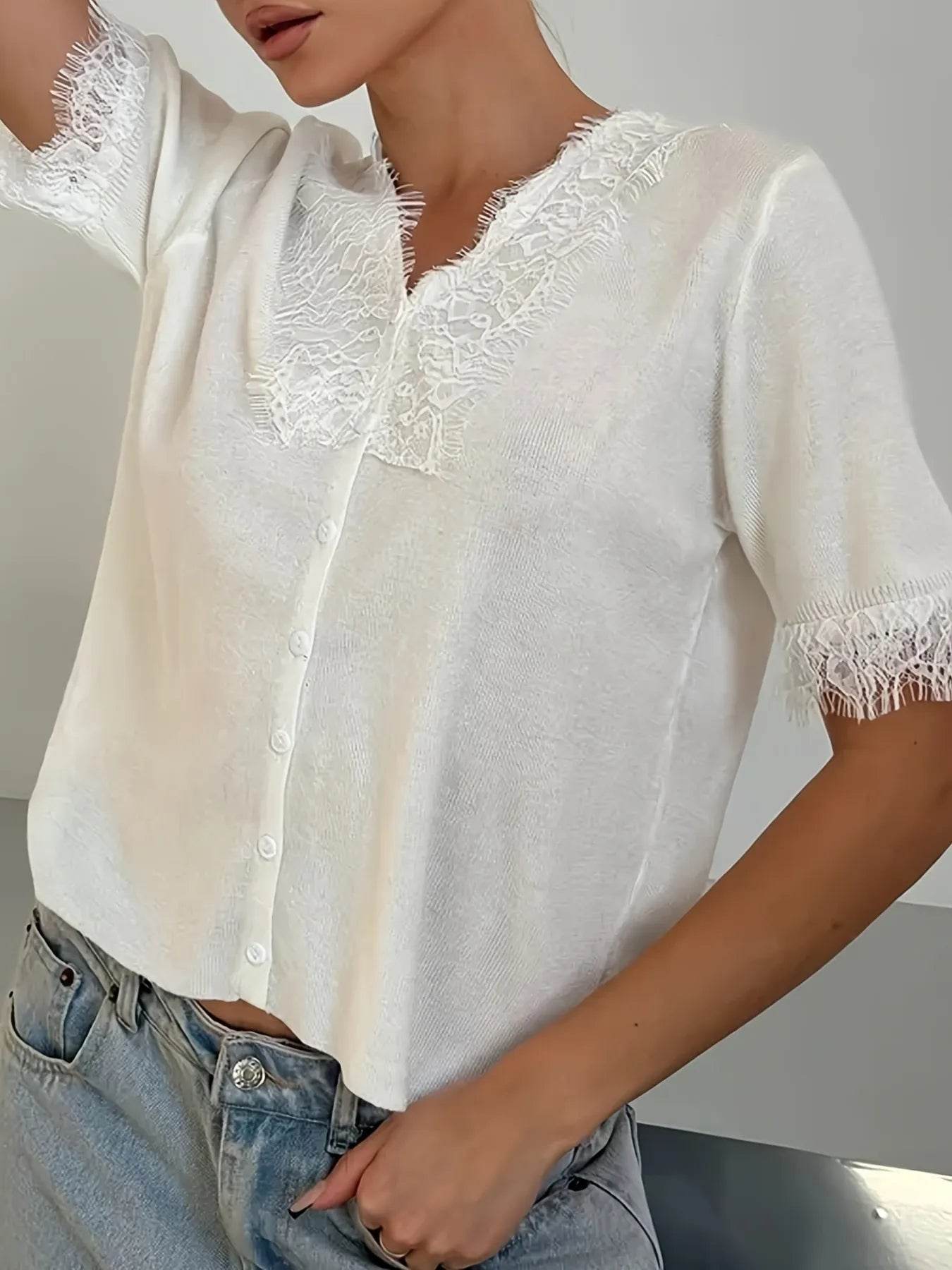 Lace Detail Button Up Cardigan - ELY VESSA LLC