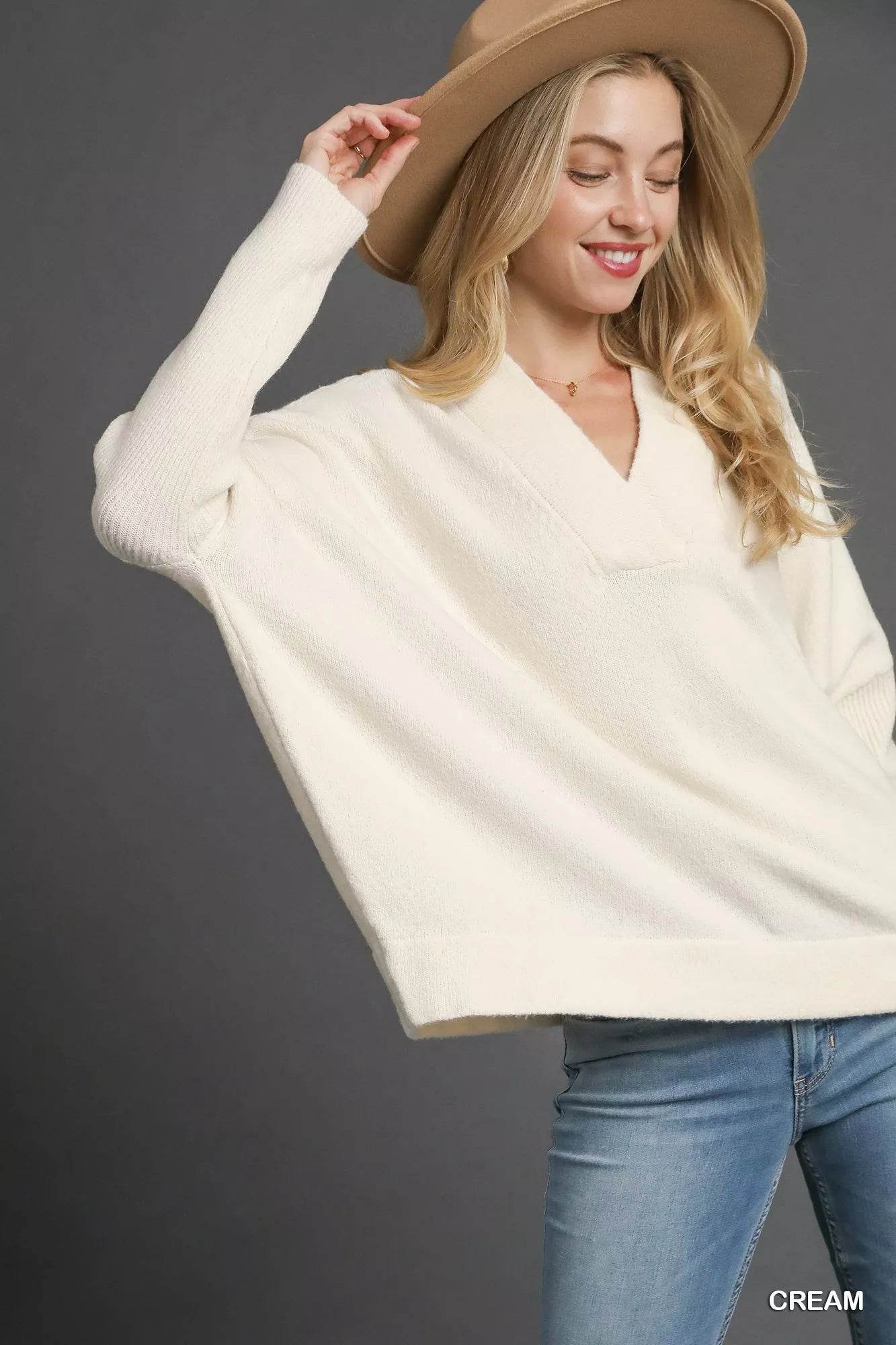 Umgee V-Neck Sweater with Wide Trim Detail - ELY VESSA LLC