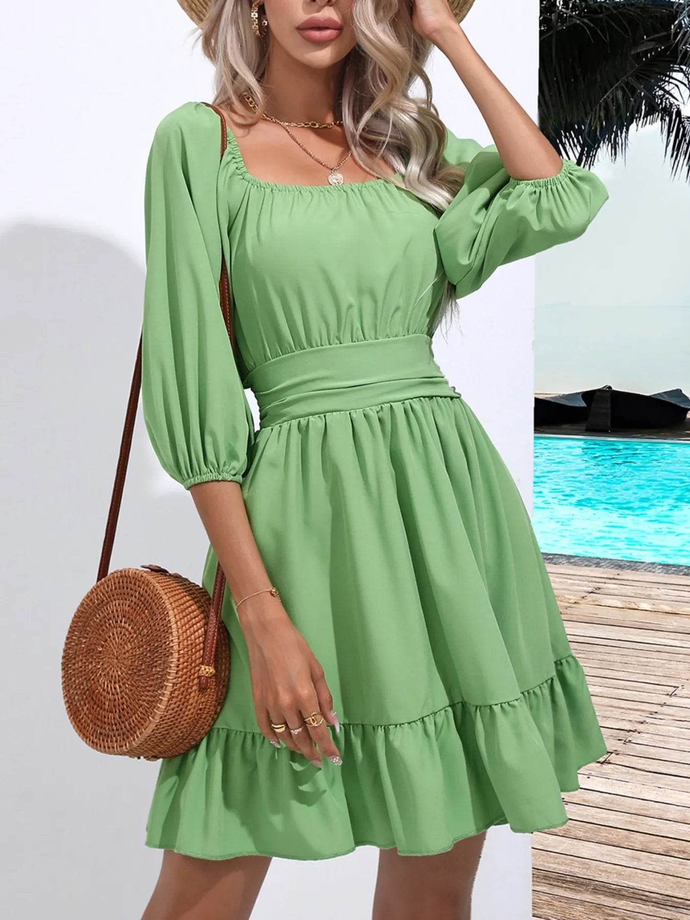 Tie Back Ruffled Hem Square Neck Dress - ELY VESSA LLC