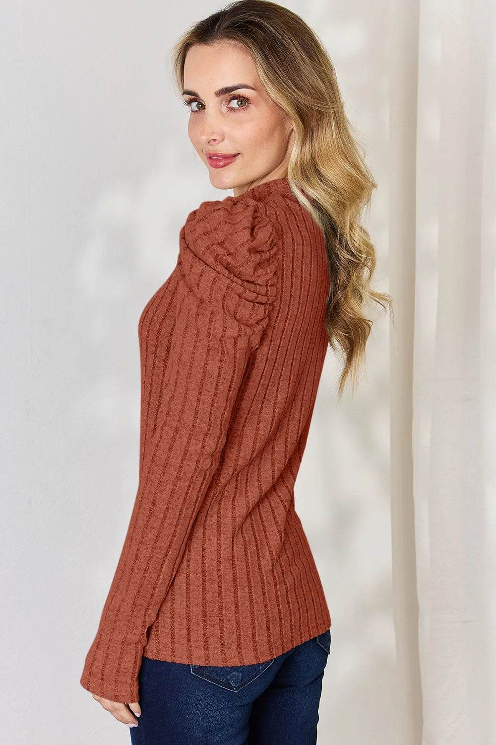 Basic Bae Full Size Ribbed Mock Neck Puff Sleeve T-Shirt - ELY VESSA LLC