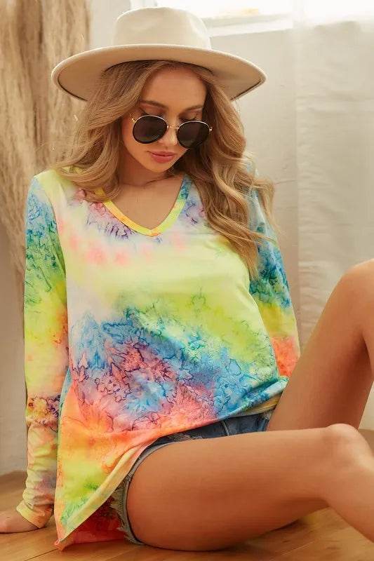 BiBi Tie Dye Long Sleeve V-Neck T-Shirt - ELY VESSA LLC