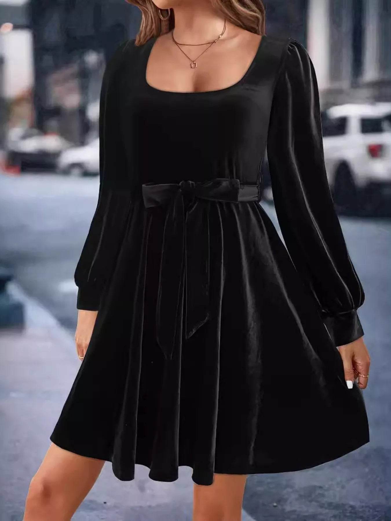 Velvet Long Sleeve A-Line Dress - ELY VESSA LLC