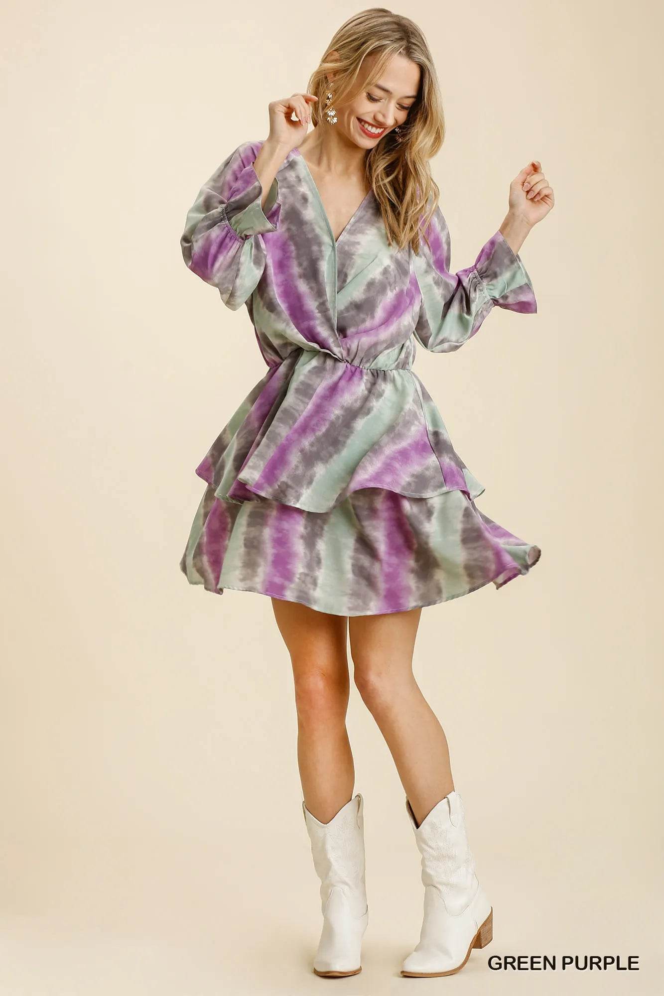 Umgee Tie Dye Ruffled Layered Dress with Elastic Waistband - ELY VESSA LLC