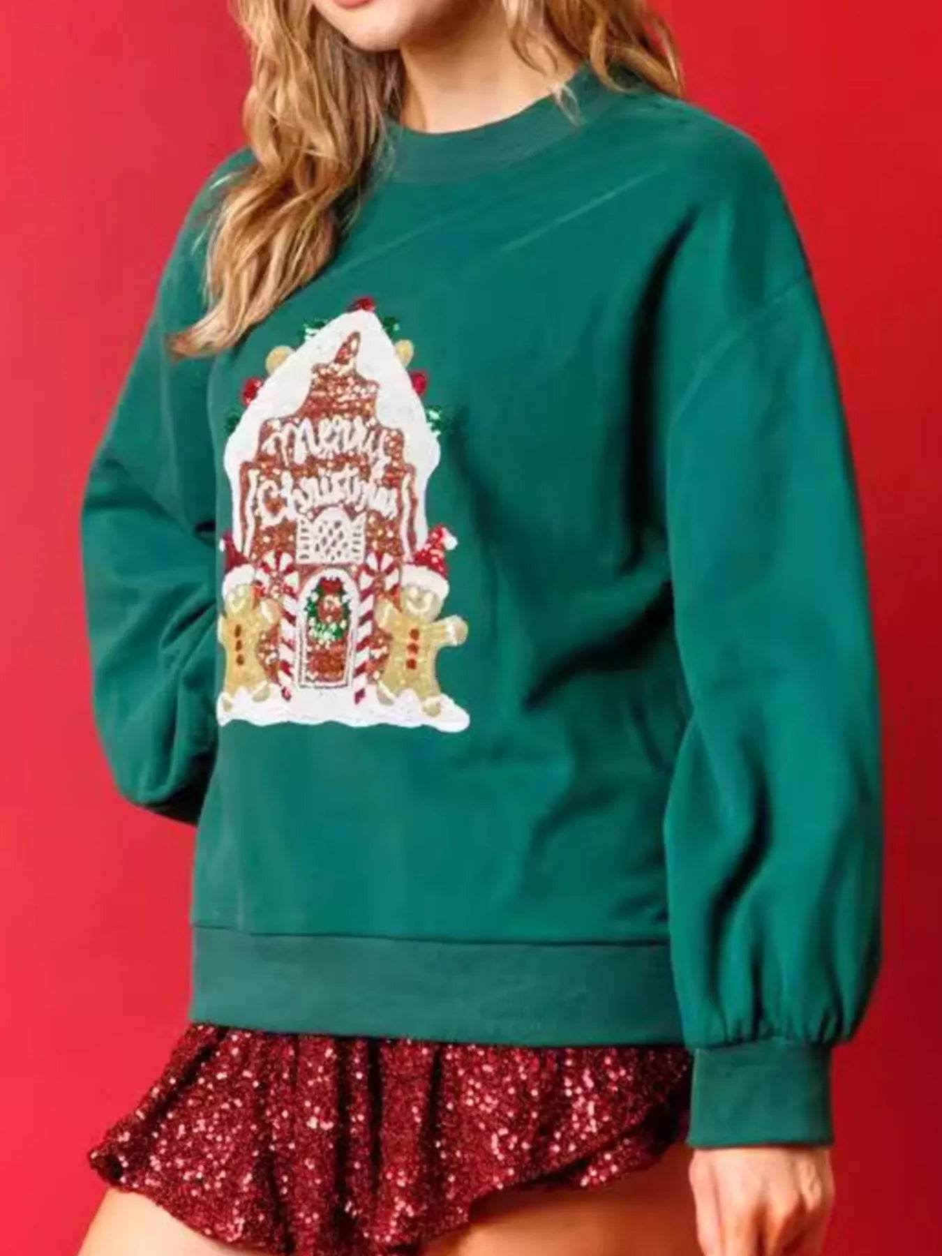 Christmas Sequin Round Neck Sweatshirt - ELY VESSA LLC
