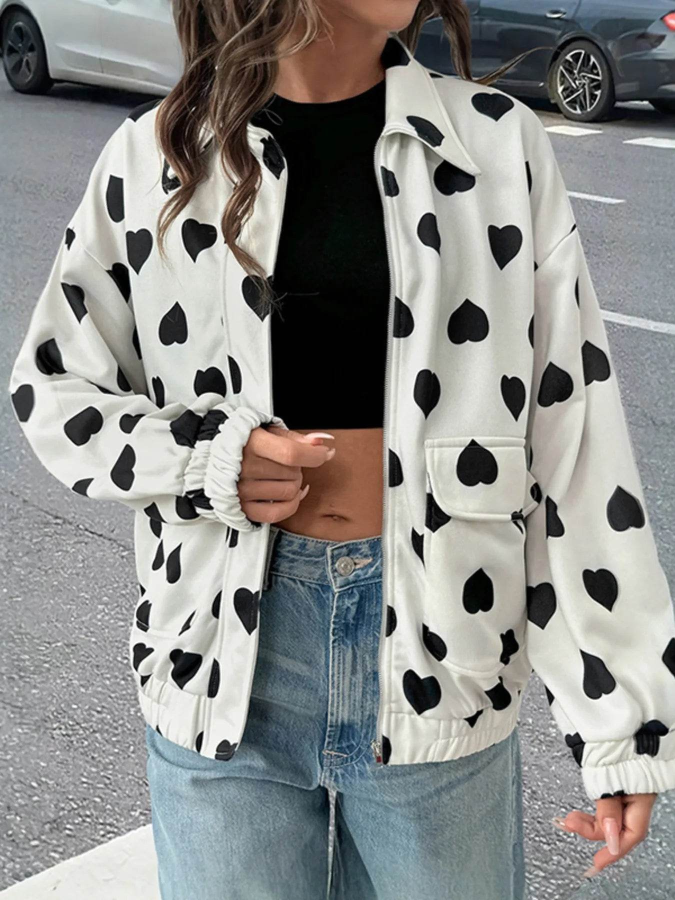 Heart Print Zip Up Jacket - ELY VESSA LLC