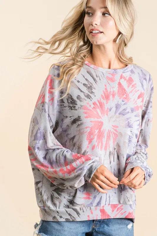 BiBi Tie Dye Print Terry Pull Over - ELY VESSA LLC