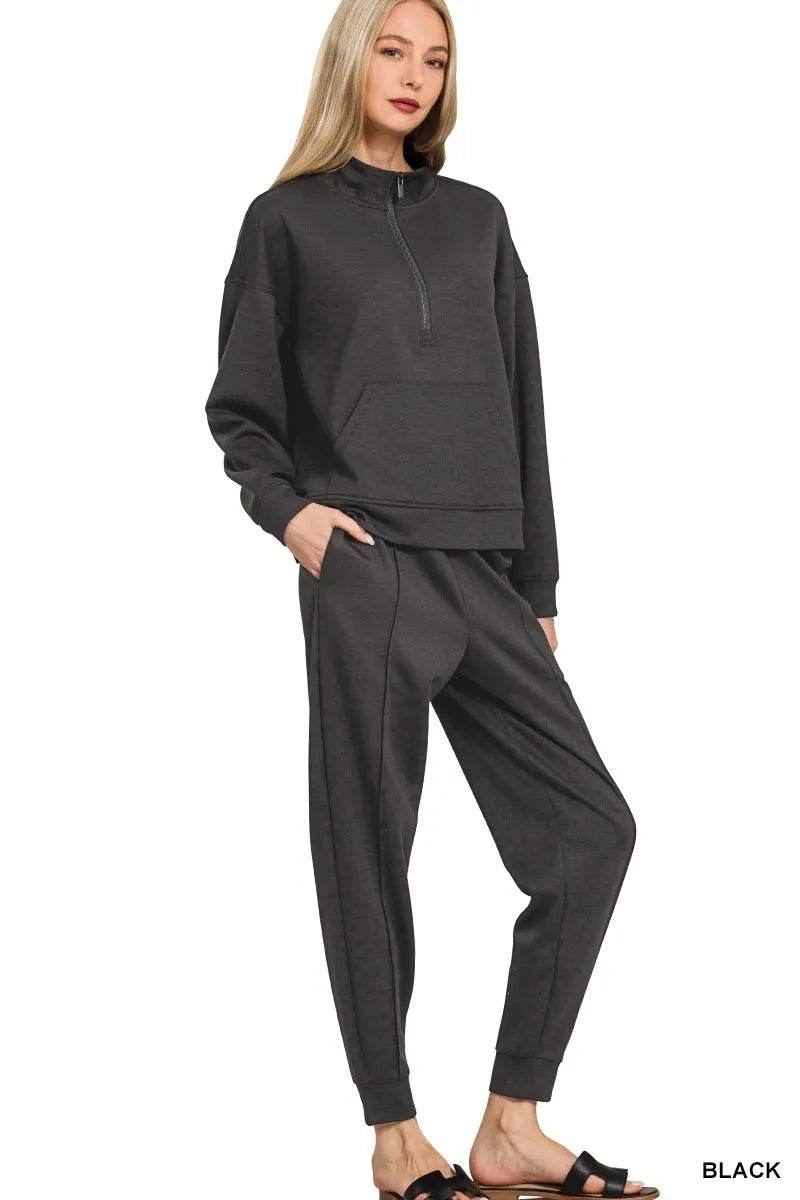 Zenana Scuba Half Zip Sweatshirt and Joggers Set - ELY VESSA LLC
