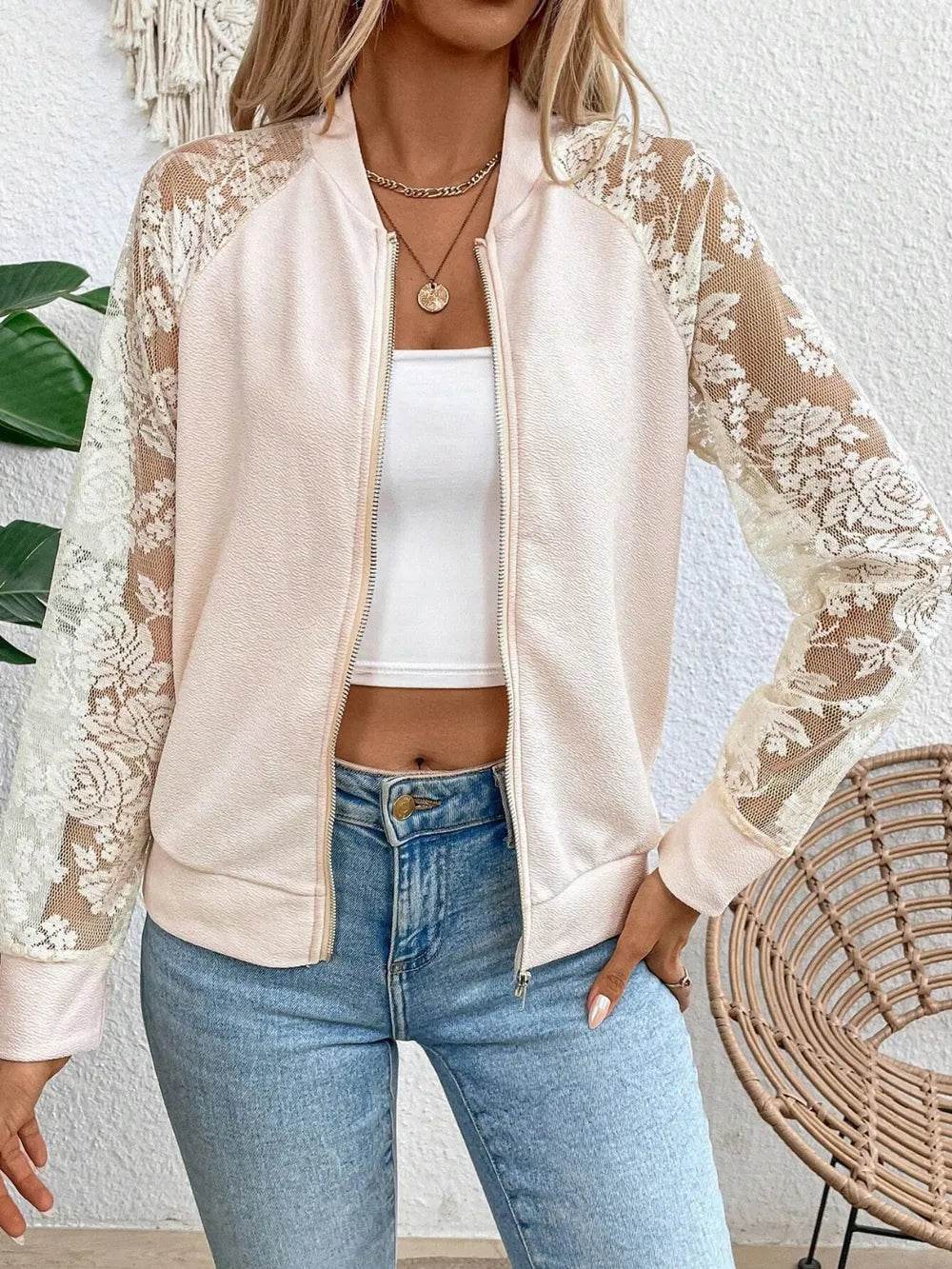 Lace Baseball Collar Zip Up Jacket - ELY VESSA LLC