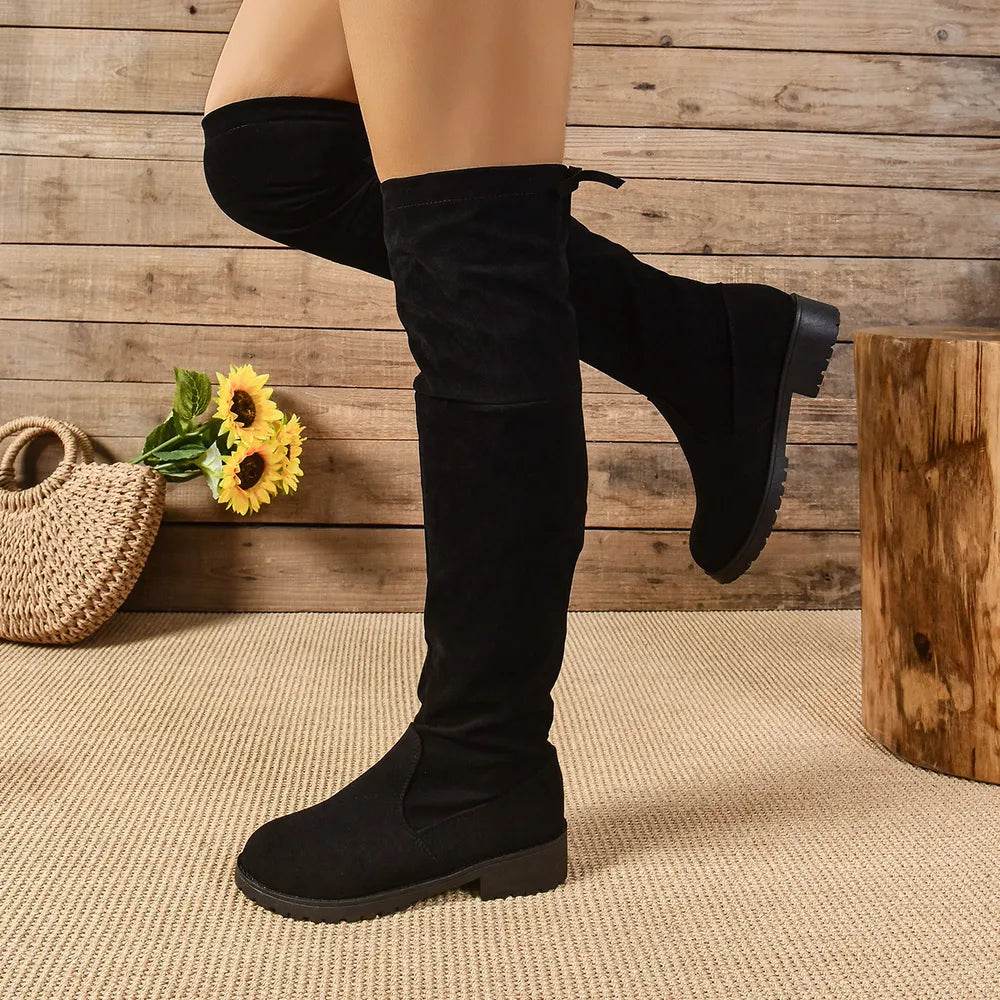 Round Toe Suede Low Heel Boots - ELY VESSA LLC