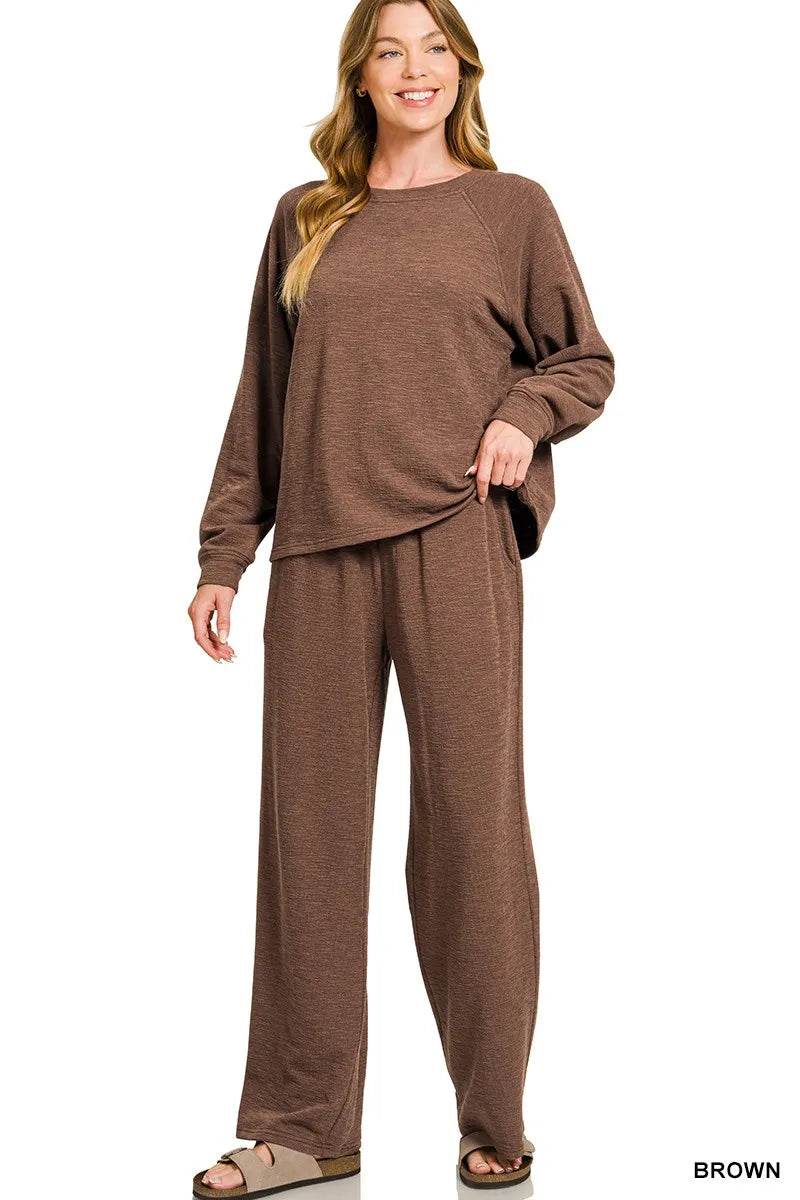 Zenana Slub Long Sleeve Top and Pants Lounge Set - ELY VESSA LLC
