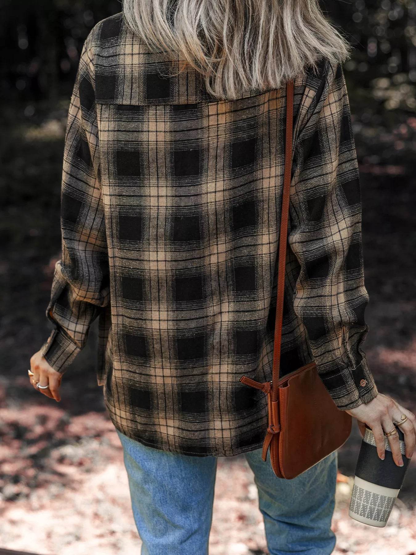 Plaid Double Flap Pocket Brushed Shacket - ELY VESSA LLC