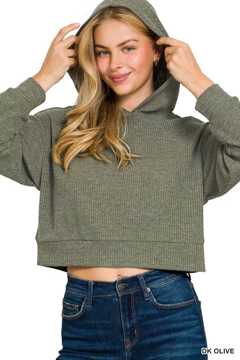 Zenana Drop Shoulder Ribbed Crop Hoodie - ELY VESSA LLC