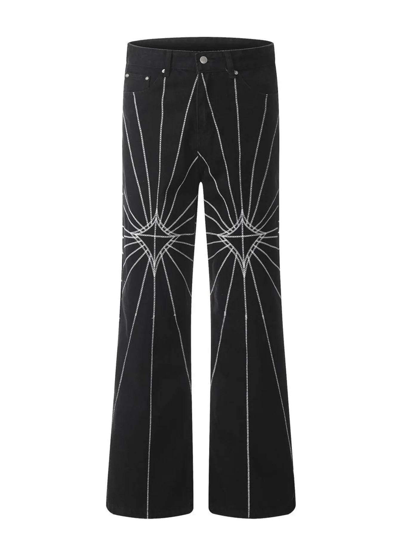 Men's Spider Web Embroidered Flared Jeans - ELY VESSA LLC