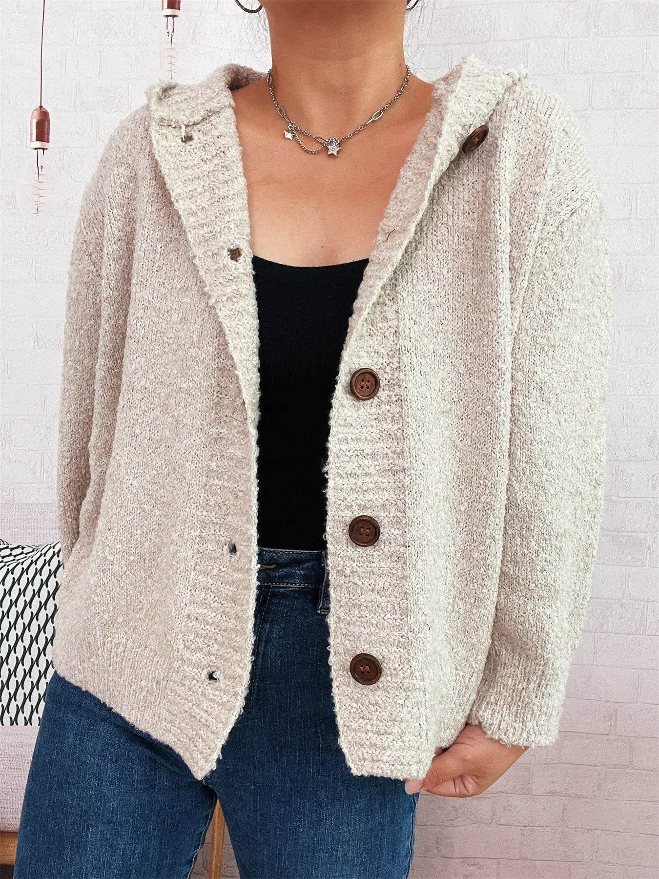Cozy Button-Up Hooded Cardigan - ELY VESSA LLC